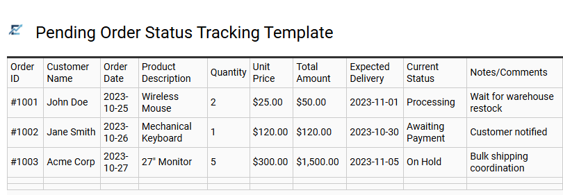 Pending Order Status Tracking Template