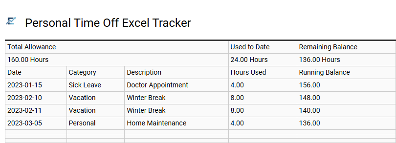 Personal Time Off Excel Tracker
