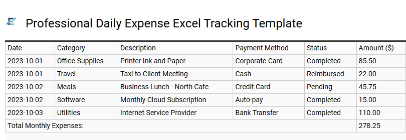 Professional Daily Expense Excel Tracking Template