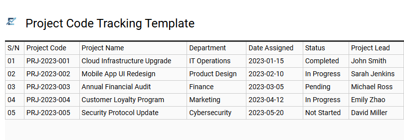 Project Code Tracking Template