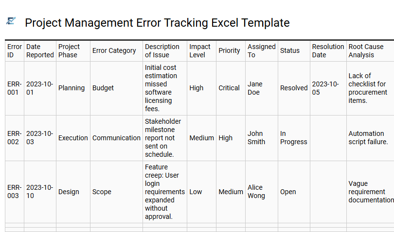 Project Management Error Tracking Excel Template