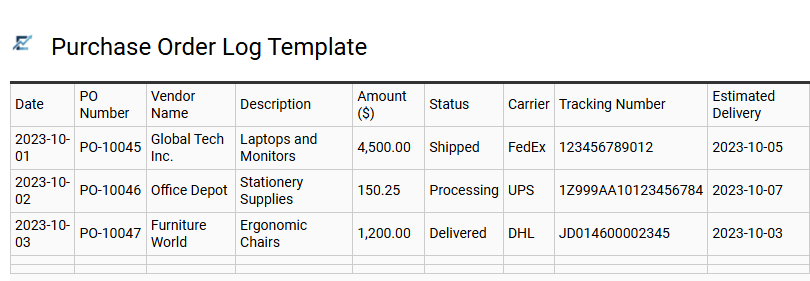 Purchase Order Log Template