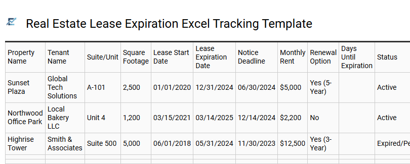 Real Estate Lease Expiration Excel Tracking Template