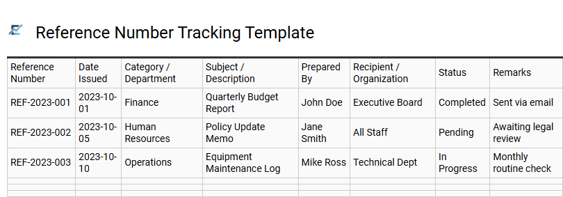Reference Number Tracking Template