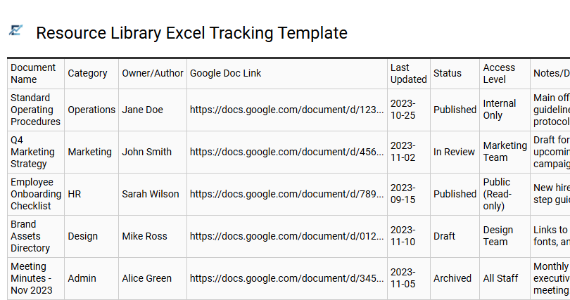 Resource Library Excel Tracking Template