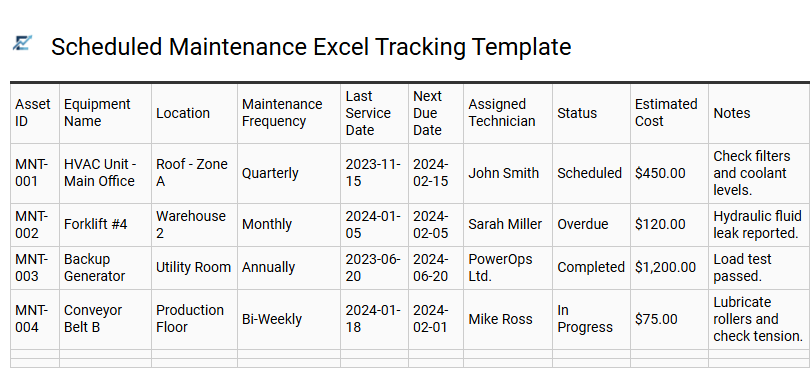 Scheduled Maintenance Excel Tracking Template