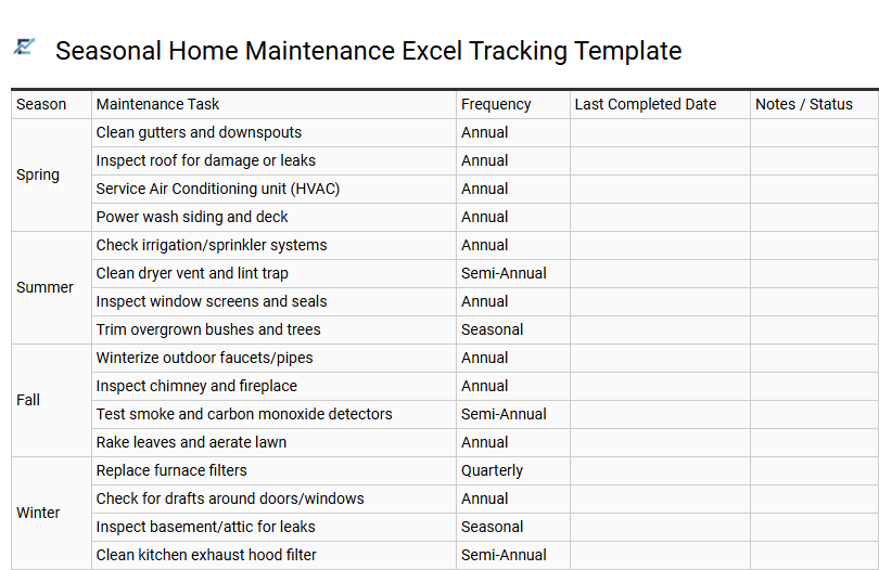 Seasonal Home Maintenance Excel Tracking Template
