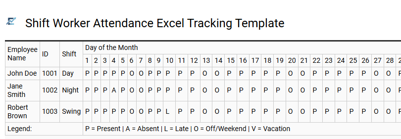 Shift Worker Attendance Excel Tracking Template