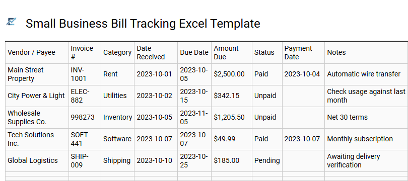Small Business Bill Tracking Excel Template