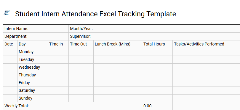 Student Intern Attendance Excel Tracking Template