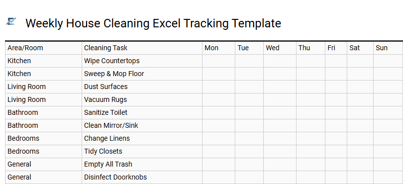 Weekly House Cleaning Excel Tracking Template
