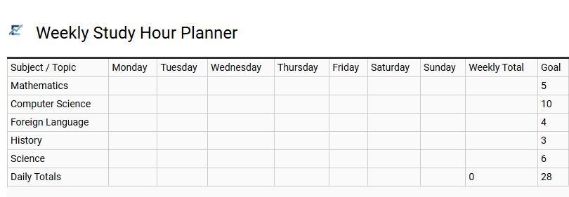 Weekly Study Hour Planner