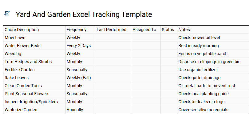 Yard And Garden Excel Tracking Template