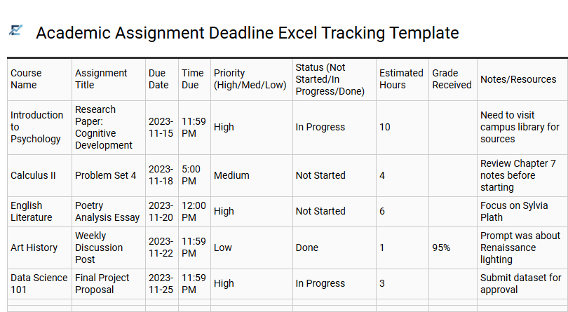 Academic Assignment Deadline Excel Tracking Template