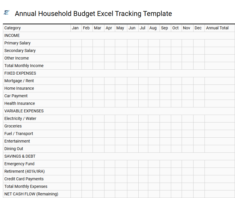 Annual Household Budget Excel Tracking Template