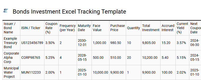 Bonds Investment Excel Tracking Template