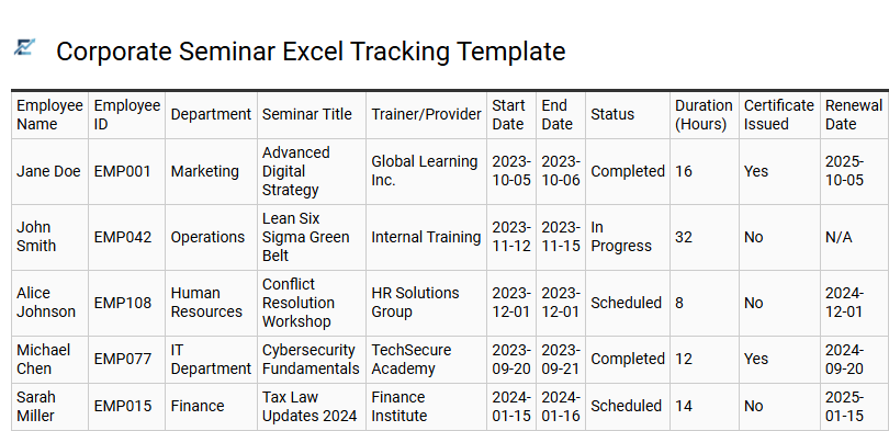 Corporate Seminar Excel Tracking Template