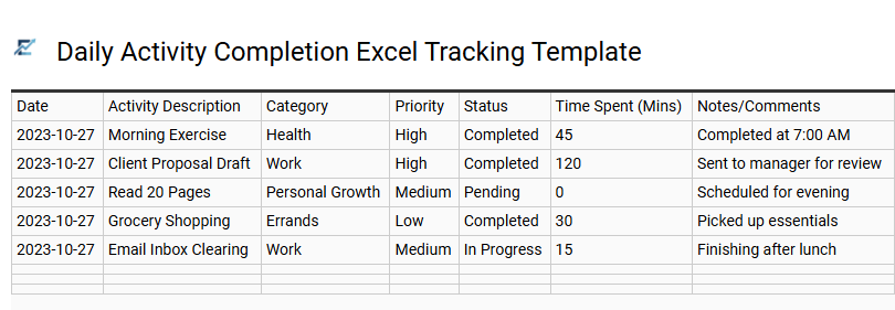 Daily Activity Completion Excel Tracking Template