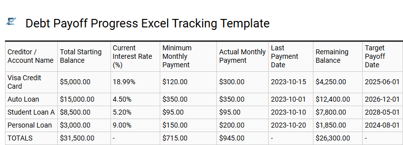 Debt Payoff Progress Excel Tracking Template