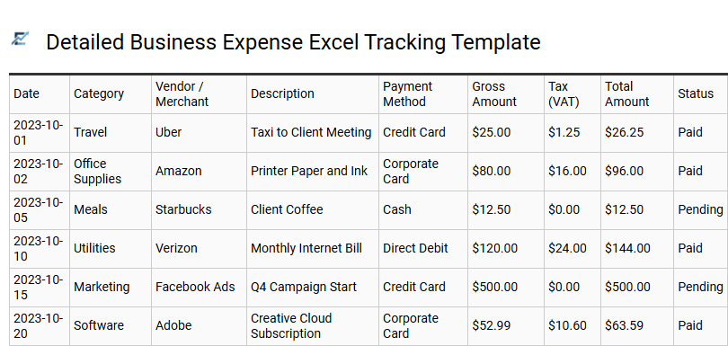Detailed Business Expense Excel Tracking Template