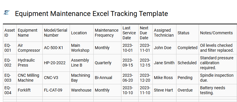 Equipment Maintenance Excel Tracking Template