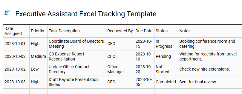 Executive Assistant Excel Tracking Template