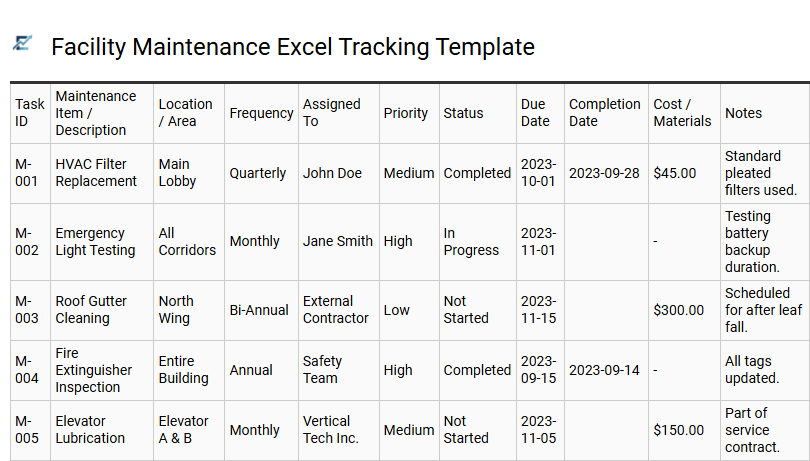 Facility Maintenance Excel Tracking Template