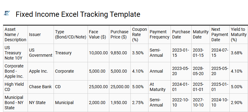 Fixed Income Excel Tracking Template