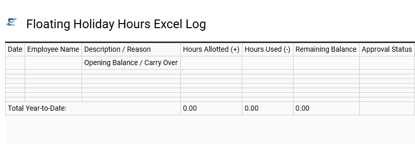 Floating Holiday Hours Excel Log