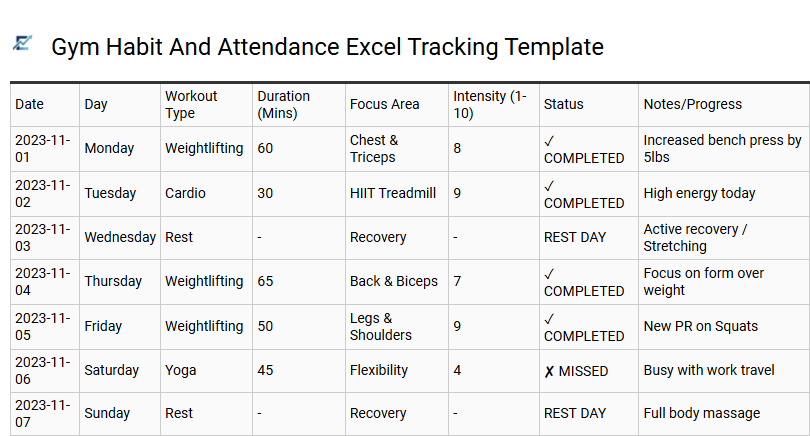 Gym Habit And Attendance Excel Tracking Template