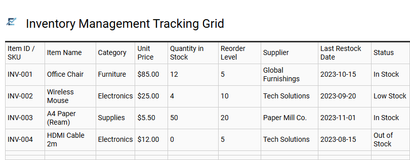Inventory Management Tracking Grid