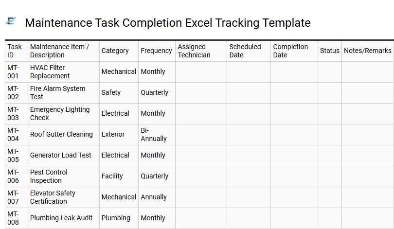 Maintenance Task Completion Excel Tracking Template