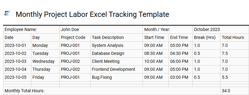 Monthly Project Labor Excel Tracking Template