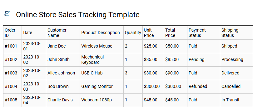 Online Store Sales Tracking Template