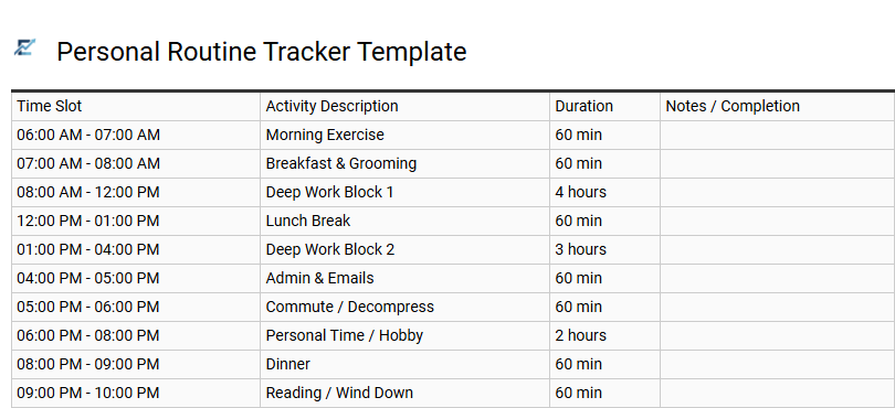 Personal Routine Tracker Template