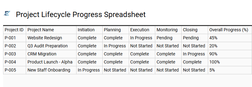 Project Lifecycle Progress Spreadsheet