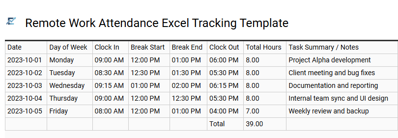Remote Work Attendance Excel Tracking Template