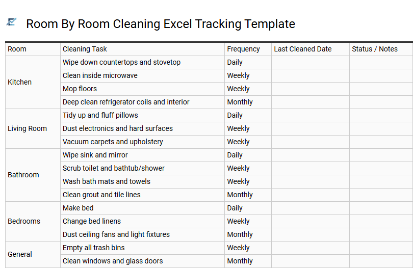 Room By Room Cleaning Excel Tracking Template