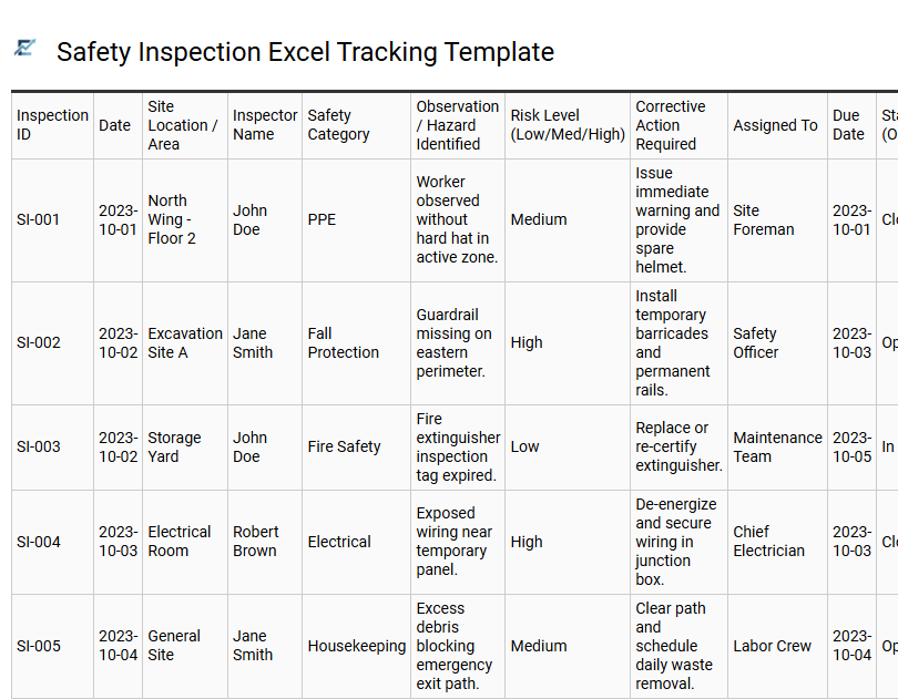Safety Inspection Excel Tracking Template