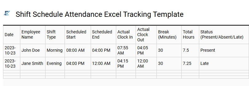 Shift Schedule Attendance Excel Tracking Template