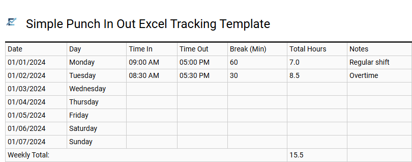 Simple Punch In Out Excel Tracking Template