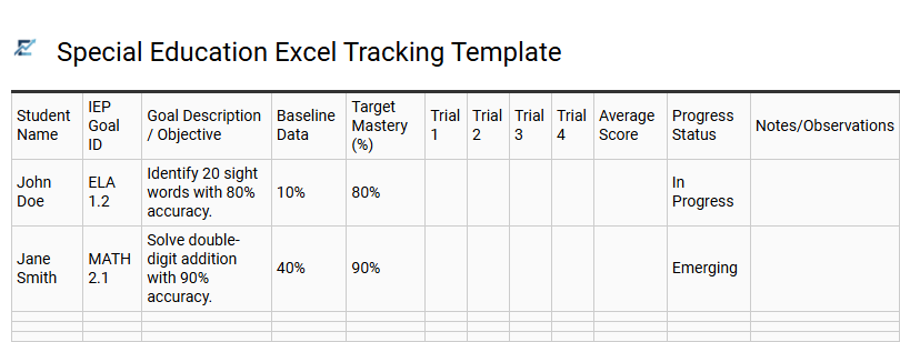 Special Education Excel Tracking Template