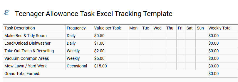 Teenager Allowance Task Excel Tracking Template
