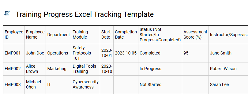 Training Progress Excel Tracking Template