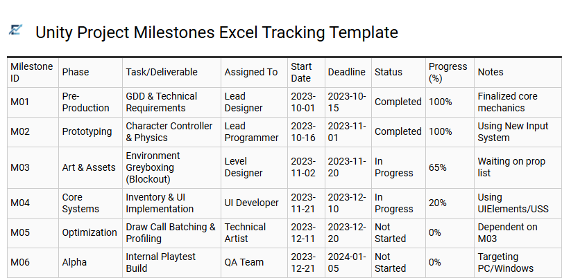 Professional Unity Project Management and Workflow Tracking Excel Template