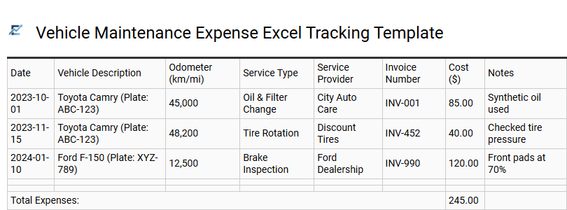 Vehicle Maintenance Expense Excel Tracking Template