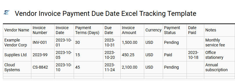 Vendor Invoice Payment Due Date Excel Tracking Template