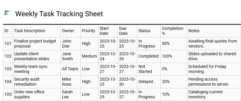 Weekly Task Tracking Sheet