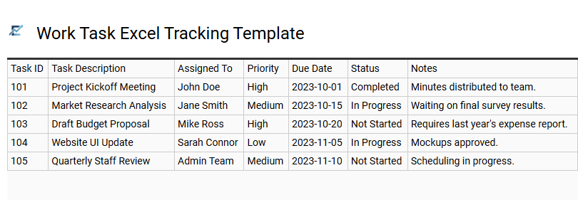 Work Task Excel Tracking Template