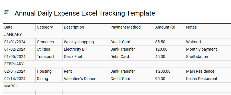 Annual Daily Expense Excel Tracking Template